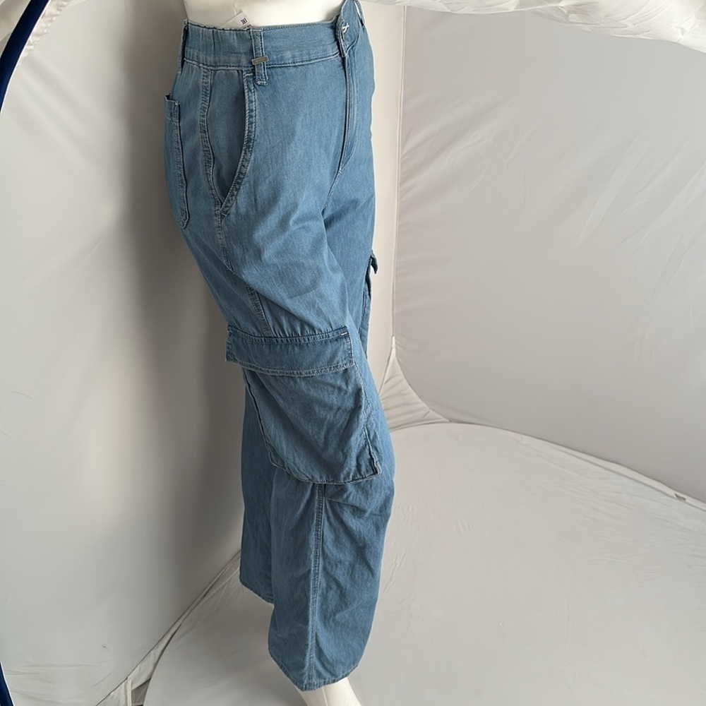 United Colors of Benetton light blue chambray high waisted cargo pants - Picture 2 of 15